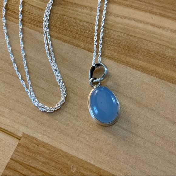 Blue Chalcedony Solid 925 Sterling Silver Pendant Necklace - Picture 2 of 5